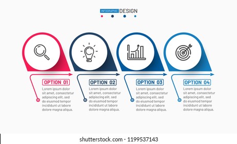 Vector infographic design label with arrow processes lines and icons. Timeline with 4 steps, options. Can be used for workflow diagram, annual report, presentation, web design. 