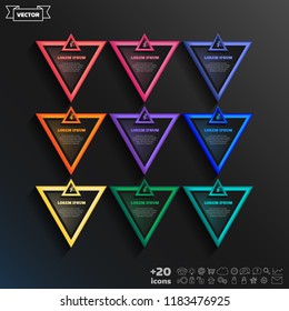 Vector infographic design list with colorful triangles on the black background. Business concept. 9 options, parts, steps. Can be used for graph, diagram, chart, workflow layout, number options, web