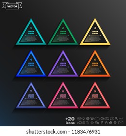 Vector infographic design list with colorful triangles on the black background. Business concept. 9 options, parts, steps. Can be used for graph, diagram, chart, workflow layout, number options, web