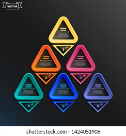 Vector infographic design list with colorful triangles on the black background. Business concept. 6 options, parts, steps. Can be used for graph, diagram, chart, workflow layout, number options, web