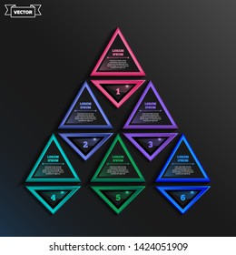 Vector infographic design list with colorful triangles on the black background. Business concept. 6 options, parts, steps. Can be used for graph, diagram, chart, workflow layout, number options, web