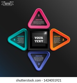 Vector infographic design list with colorful triangles on the black background. Business concept. 4 options, parts, steps. Can be used for graph, diagram, chart, workflow layout, number options, web