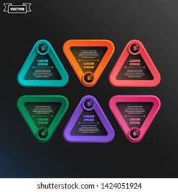Vector infographic design list with colorful triangles on the black background. Business concept. 6 options, parts, steps. Can be used for graph, diagram, chart, workflow layout, number options, web