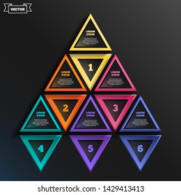 Vector infographic design list with colorful triangles on the black background. Business concept. 6 options, parts, steps. Can be used for graph, diagram, chart, workflow layout, number options, web