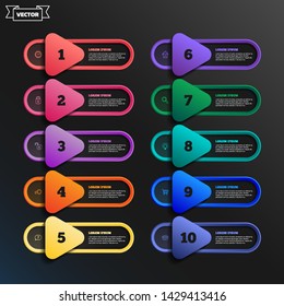 Vector infographic design list with colorful triangles on the black background. Business concept. 10 options, parts, steps. Can be used for graph, diagram, chart, workflow layout, number options, web
