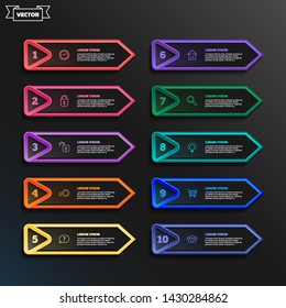 Vector infographic design list with colorful triangles on the black background. Business concept. 10 options, parts, steps. Can be used for graph, diagram, chart, workflow layout, number options, web