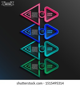 Vector infographic design list with colorful triangles on the black background. Business concept. 4 options, parts, steps. Can be used for graph, diagram, chart, workflow layout, number options, web