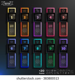 Vector infographic design list with colorful squares on the black background. Business concept. 10 options, parts, steps. Can be used for graph, diagram, chart, workflow layout, number options, web