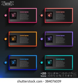 Vector infographic design list with colorful squares on the black background. Business concept. 6 options, parts, steps. Can be used for graph, diagram, chart, workflow layout, number options, web