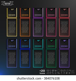 Vector infographic design list with colorful squares on the black background. Business concept. 10 options, parts, steps. Can be used for graph, diagram, chart, workflow layout, number options, web