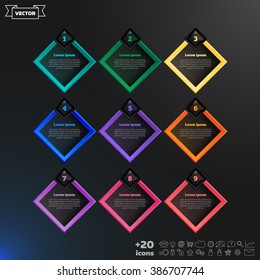 Vector infographic design list with colorful rhombs on the black background. Business concept. 9 options, parts, steps. Can be used for graph, diagram, chart, workflow layout, number options, web