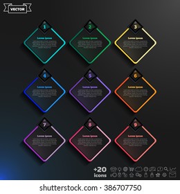 Vector infographic design list with colorful rhombs on the black background. Business concept. 9 options, parts, steps. Can be used for graph, diagram, chart, workflow layout, number options, web