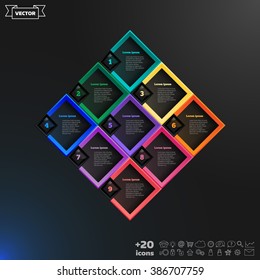 Vector infographic design list with colorful rhombs on the black background. Business concept. 9 options, parts, steps. Can be used for graph, diagram, chart, workflow layout, number options, web
