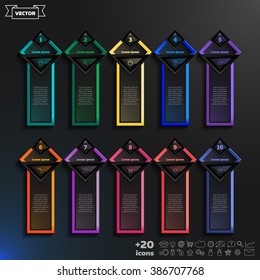 Vector infographic design list with colorful rhombs on the black background. Business concept. 10 options, parts, steps. Can be used for graph, diagram, chart, workflow layout, number options, web