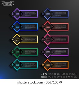 Vector infographic design list with colorful rhombs on the black background. Business concept. 10 options, parts, steps. Can be used for graph, diagram, chart, workflow layout, number options, web