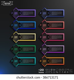 Vector infographic design list with colorful rhombs on the black background. Business concept. 10 options, parts, steps. Can be used for graph, diagram, chart, workflow layout, number options, web