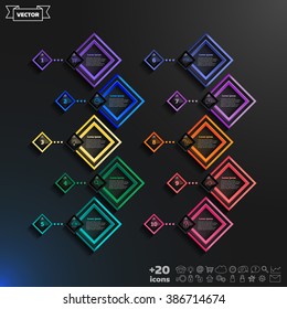 Vector infographic design list with colorful rhombs on the black background. Business concept. 10 options, parts, steps. Can be used for graph, diagram, chart, workflow layout, number options, web