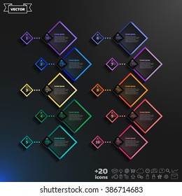 Vector infographic design list with colorful rhombs on the black background. Business concept. 10 options, parts, steps. Can be used for graph, diagram, chart, workflow layout, number options, web