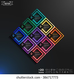 Vector infographic design list with colorful rhombs on the black background. Business concept. 9 options, parts, steps. Can be used for graph, diagram, chart, workflow layout, number options, web