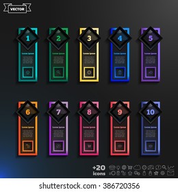 Vector infographic design list with colorful rhombs on the black background. Business concept. 10 options, parts, steps. Can be used for graph, diagram, chart, workflow layout, number options, web