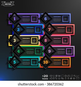 Vector infographic design list with colorful rhombs on the black background. Business concept. 10 options, parts, steps. Can be used for graph, diagram, chart, workflow layout, number options, web