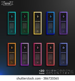Vector infographic design list with colorful rhombs on the black background. Business concept. 10 options, parts, steps. Can be used for graph, diagram, chart, workflow layout, number options, web