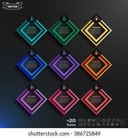 Vector infographic design list with colorful rhombs on the black background. Business concept. 9 options, parts, steps. Can be used for graph, diagram, chart, workflow layout, number options, web