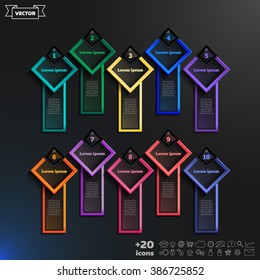Vector infographic design list with colorful rhombs on the black background. Business concept. 10 options, parts, steps. Can be used for graph, diagram, chart, workflow layout, number options, web