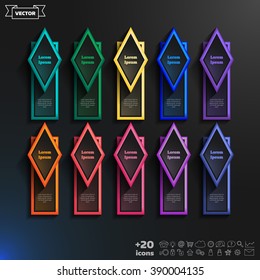 Vector infographic design list with colorful rhombs on the black background. Business concept. 10 options, parts, steps. Can be used for graph, diagram, chart, workflow layout, number options, web.