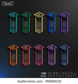 Vector infographic design list with colorful rhombs on the black background. Business concept. 10 options, parts, steps. Can be used for graph, diagram, chart, workflow layout, number options, web.