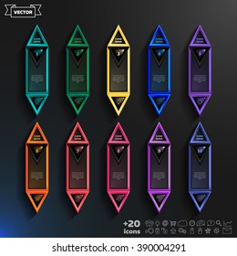 Vector infographic design list with colorful rhombs on the black background. Business concept. 10 options, parts, steps. Can be used for graph, diagram, chart, workflow layout, number options, web.