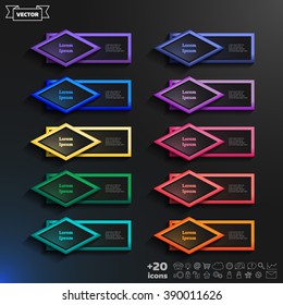 Vector infographic design list with colorful rhombs on the black background. Business concept. 10 options, parts, steps. Can be used for graph, diagram, chart, workflow layout, number options, web.