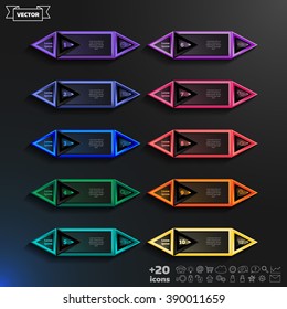 Vector infographic design list with colorful rhombs on the black background. Business concept. 10 options, parts, steps. Can be used for graph, diagram, chart, workflow layout, number options, web.