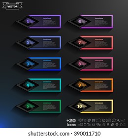Vector infographic design list with colorful rhombs on the black background. Business concept. 10 options, parts, steps. Can be used for graph, diagram, chart, workflow layout, number options, web.