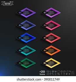 Vector infographic design list with colorful rhombs on the black background. Business concept. 10 options, parts, steps. Can be used for graph, diagram, chart, workflow layout, number options, web.