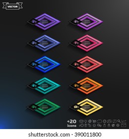 Vector infographic design list with colorful rhombs on the black background. Business concept. 10 options, parts, steps. Can be used for graph, diagram, chart, workflow layout, number options, web.
