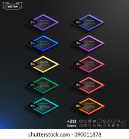 Vector infographic design list with colorful rhombs on the black background. Business concept. 10 options, parts, steps. Can be used for graph, diagram, chart, workflow layout, number options, web.