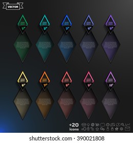 Vector infographic design list with colorful rhombs on the black background. Business concept. 10 options, parts, steps. Can be used for graph, diagram, chart, workflow layout, number options, web.
