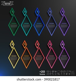 Vector infographic design list with colorful rhombs on the black background. Business concept. 10 options, parts, steps. Can be used for graph, diagram, chart, workflow layout, number options, web.
