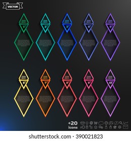 Vector infographic design list with colorful rhombs on the black background. Business concept. 10 options, parts, steps. Can be used for graph, diagram, chart, workflow layout, number options, web.