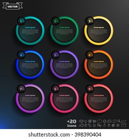 Vector infographic design list with colorful circles on the black background. Business concept. 9 options, parts, steps. Can be used for graph, diagram, chart, workflow layout, number options, web