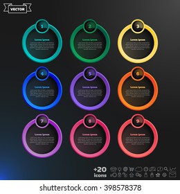 Vector infographic design list with colorful circles on the black background. Business concept. 9 options, parts, steps. Can be used for graph, diagram, chart, workflow layout, number options, web
