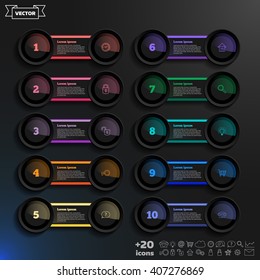 Vector infographic design list with colorful circles on the black background. Business concept. 10 options, parts, steps. Can be used for graph, diagram, chart, workflow layout, number options, web