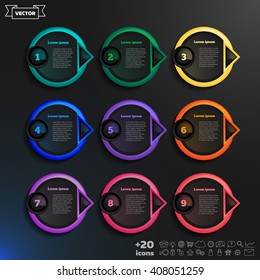 Vector infographic design list with colorful circles on the black background. Business concept. 9 options, parts, steps. Can be used for graph, diagram, chart, workflow layout, number options, web