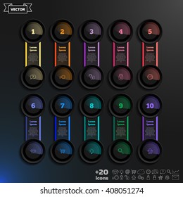 Vector infographic design list with colorful circles on the black background. Business concept. 10 options, parts, steps. Can be used for graph, diagram, chart, workflow layout, number options, web