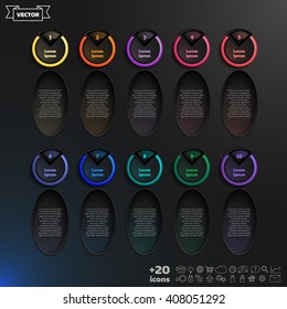 Vector infographic design list with colorful circles on the black background. Business concept. 10 options, parts, steps. Can be used for graph, diagram, chart, workflow layout, number options, web