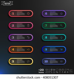 Vector infographic design list with colorful circles on the black background. Business concept. 10 options, parts, steps. Can be used for graph, diagram, chart, workflow layout, number options, web