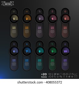 Vector infographic design list with colorful circles on the black background. Business concept. 10 options, parts, steps. Can be used for graph, diagram, chart, workflow layout, number options, web