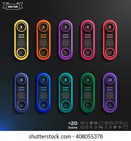 Vector infographic design list with colorful circles on the black background. Business concept. 10 options, parts, steps. Can be used for graph, diagram, chart, workflow layout, number options, web