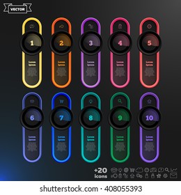 Vector infographic design list with colorful circles on the black background. Business concept. 10 options, parts, steps. Can be used for graph, diagram, chart, workflow layout, number options, web